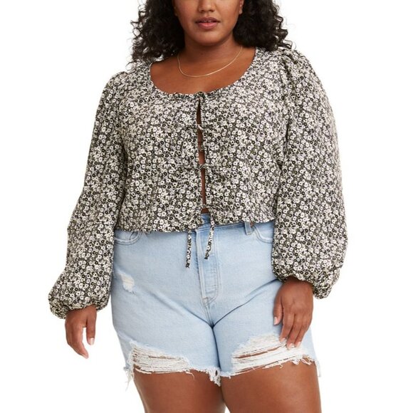 Levi’s Blouse Embry Front Tie Top Sheer Black White Floral Blouse Plus Size 3XL - Picture 7 of 8
